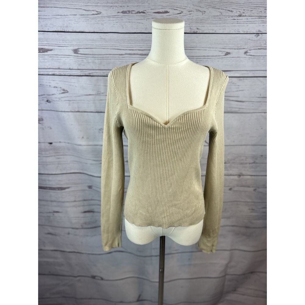 Abercrombie & Fitch Ribbed Knit Sweater L Beige Fitted Long Sleeve Soft Stretch